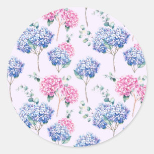 Wasserfarben Blau und Pink Hydrangeas Blumenmuster Runder Aufkleber
