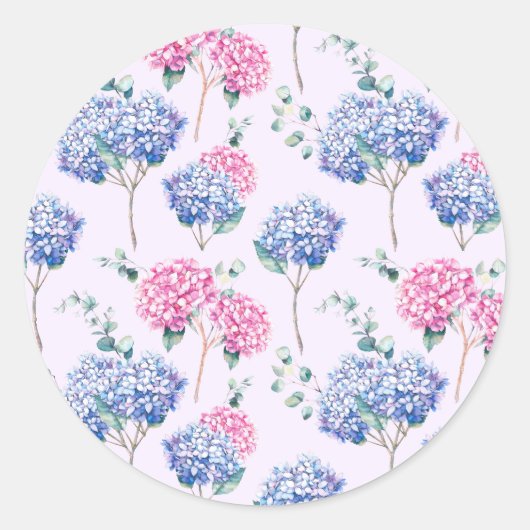 Wasserfarben Blau und Pink Hydrangeas Blumenmuster Runder Aufkleber (Vorderseite)