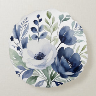 Wasserfarben Blau und Weiß BlumenBouquet Rundes Kissen