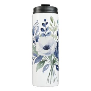 Wasserfarben Blau und Weiß BlumenBouquet Thermosbecher