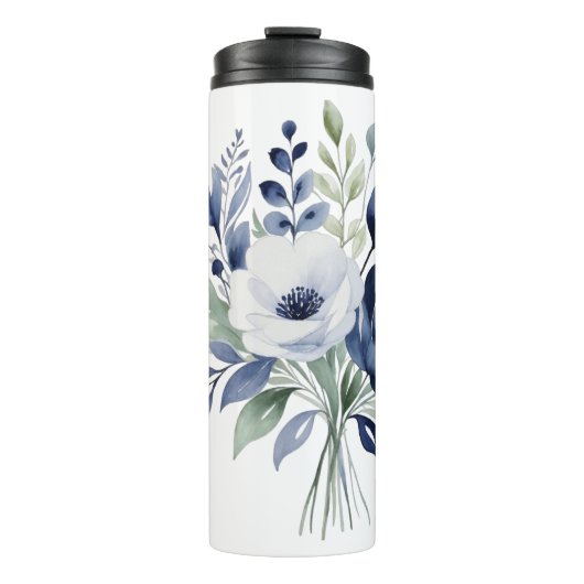 Wasserfarben Blau und Weiß BlumenBouquet Thermosbecher (Vorderseite)