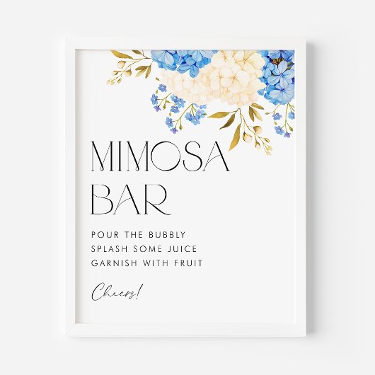 Wasserfarben Blau und Weiße Hydrangeas Mimosa Bar Poster