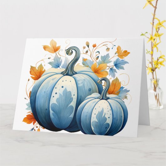 Wasserfarben, blaue Pumpkins und Herbstleaves Karte (Gelbe Blume)