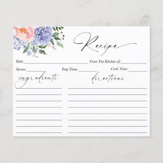 Wasserfarben Blauer Hydrangea Rezeptkarte (Vorderseite)