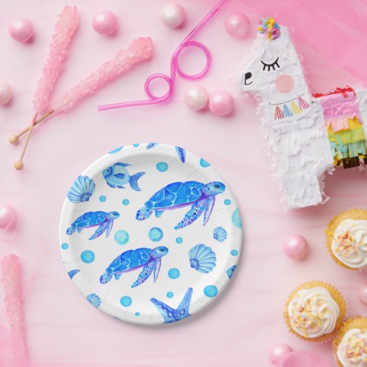 Wasserfarben Blaues Wassermuster Schildkrötenfisch Pappteller (Party)