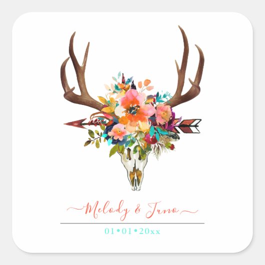 WASSERFARBEN-BLUME, RUSTISCHE BOHO-SKULL+ARROL QUADRATISCHER AUFKLEBER (Vorderseite)