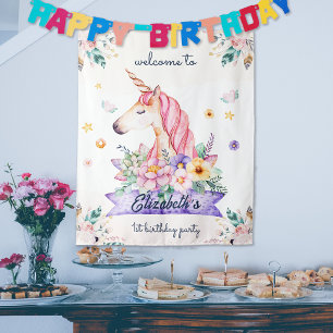 Wasserfarben-Blumen-Einhorn-Mädchen-Geburtstags-Wi Wandteppich