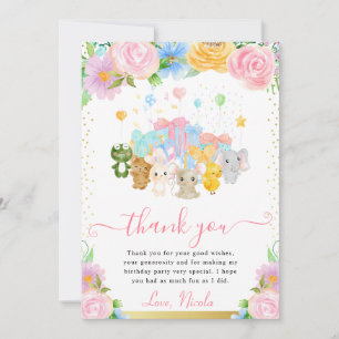 Wasserfarben-Blumen Geburstag mit süßen Tierfreund Dankeskarte