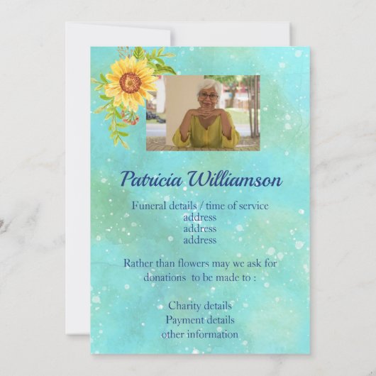 Wasserfarben Blumenbeerdigung Blaue Nachricht Ankündigung (Rückseite)