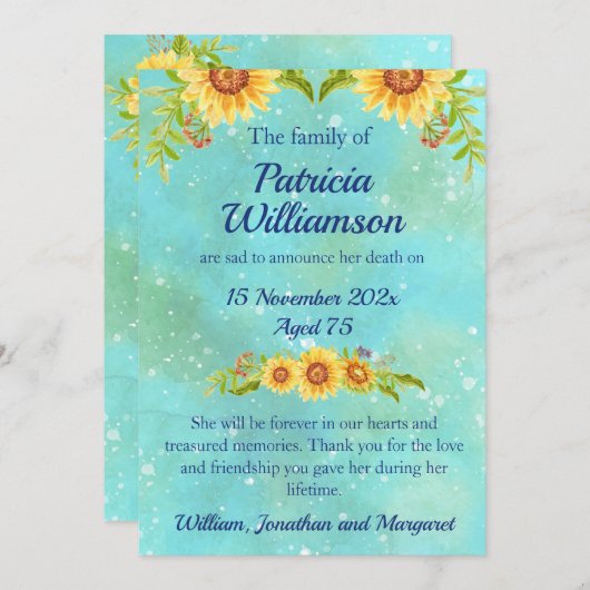 Wasserfarben Blumenbeerdigung Blaue Nachricht Ankündigung (Vorne/Hinten)