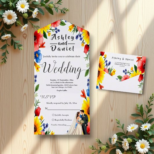 Wasserfarben Blumengarten Paar Sommerhochzeit All In One Einladung