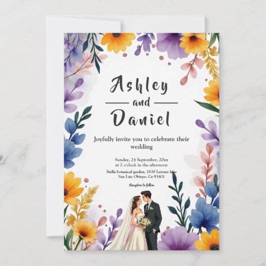 Wasserfarben Blumengarten Paar Sommerhochzeit Einladung (Vorderseite)