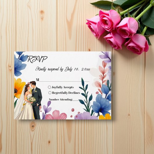 Wasserfarben Blumengarten Paar Sommerhochzeit RSVP Karte