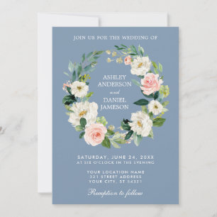 Wasserfarben Blumenreath Pink Dusty Blue Wedding Einladung