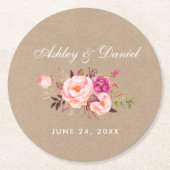 Wasserfarben Blütenrosa Blush Kraft Hochzeit Runder Pappuntersetzer (Vorderseite)