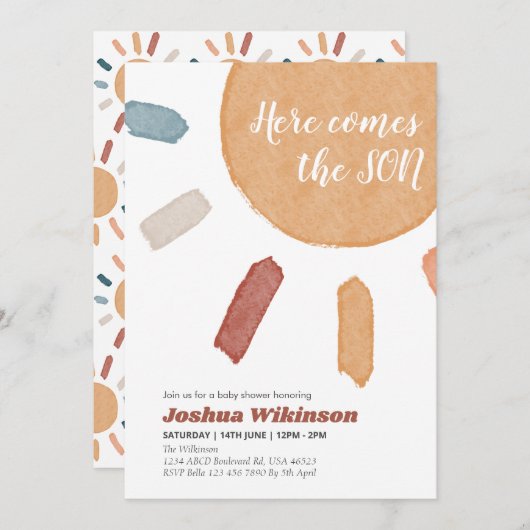 Wasserfarben Boho Hier kommt die Son Babydusche Einladung (Vorne/Hinten)