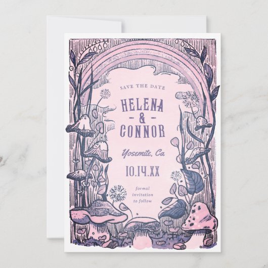Wasserfarben-Boho-Pilze Lila Retro Save The Date (Vorderseite)