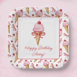 Wasserfarben-Bow Pink-Eiscreme-Kon-Party Pappteller
