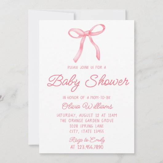 Wasserfarben Bow Pink Hand Written Baby Girl Dusch Einladung (Vorderseite)
