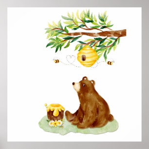 Wasserfarben-Braunbär-und-Bienenstock-Wanddekorati Poster