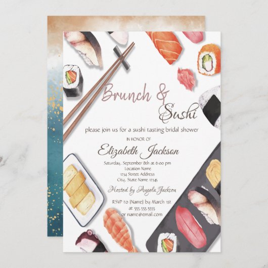 Wasserfarben-Brunch & Sushi-Brautparty Einladung (Vorne/Hinten)