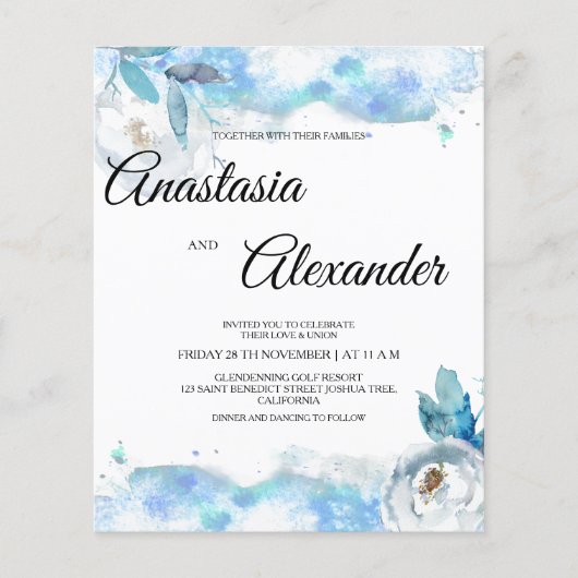 Wasserfarben Budget Hochzeitseinladung. Flyer (Vorne)