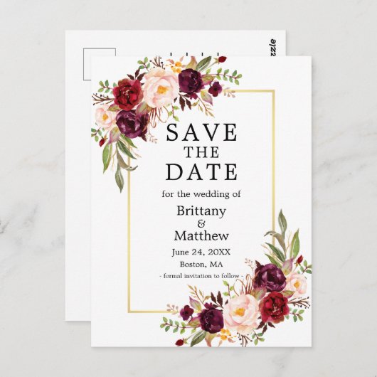 Wasserfarben-Burgund-Rose - Goldrahmen Save the Da Postkarte (Vorne/Hinten)