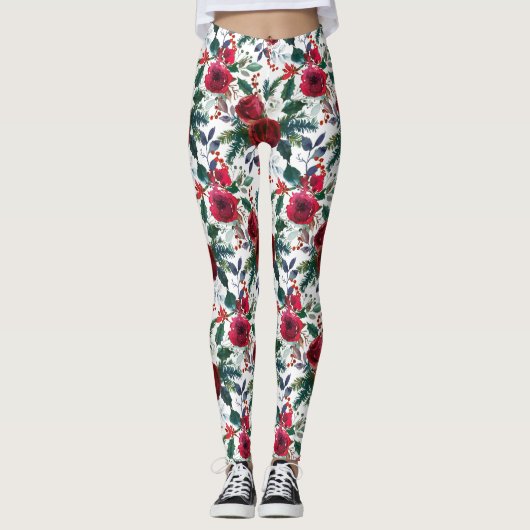 Wasserfarben Burgund Winter Blume Weihnachten Leggings (Vorderseite)