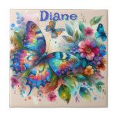 Wasserfarben Butterfly Blumengarten Personalisiert Fliese (Vorderseite)