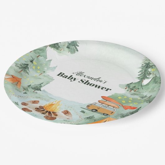 Wasserfarben Camping Babydusche Pappteller (Schrägansicht)