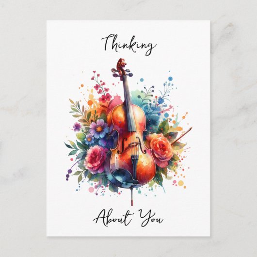 Wasserfarben Cello und Blumen denken über Sie Postkarte (Vorderseite)