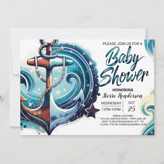 Wasserfarben-Chic Anchor-Kinderdusche Einladung (Vorderseite)