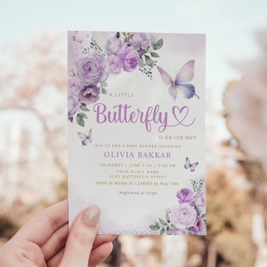 Wasserfarben-Chic Lila Butterfly Baby Dusche Einladung