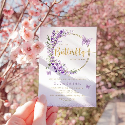Wasserfarben-Chic Lila Butterfly Baby Dusche Einladung