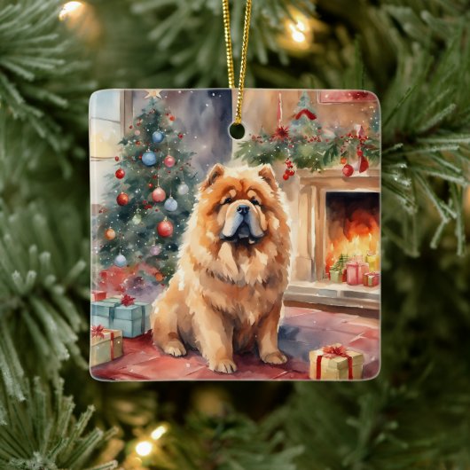 Wasserfarben-Chow-Chow - Xmas-Szene Keramikornament (Baum)