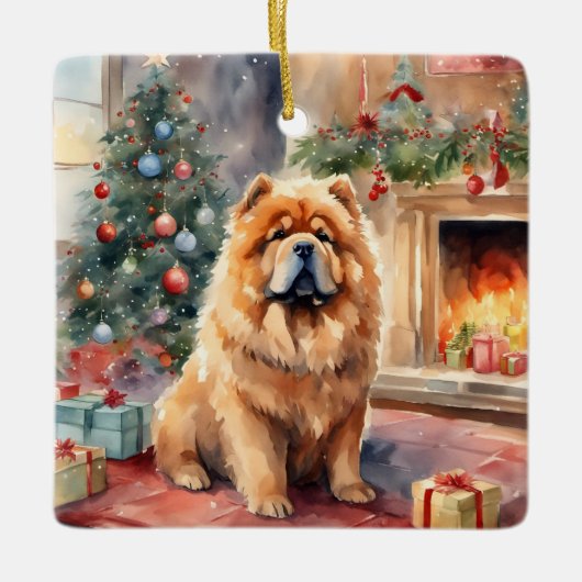 Wasserfarben-Chow-Chow - Xmas-Szene Keramikornament (Vorderseite)