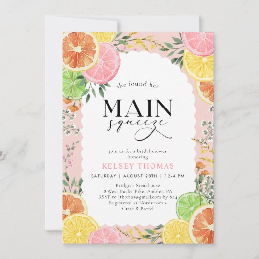 Wasserfarben Citrus Hauptpresse Brautparty Einladung (Vorderseite)