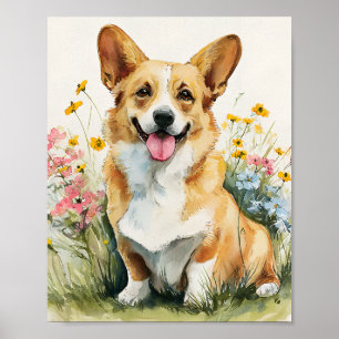 Wasserfarben-Corgi in Wildblumen Poster - Niedlich