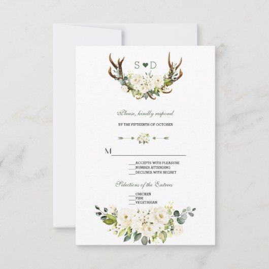 Wasserfarben-Creme, weiße Blumenkleber Hochzeit RSVP Karte (Vorderseite)