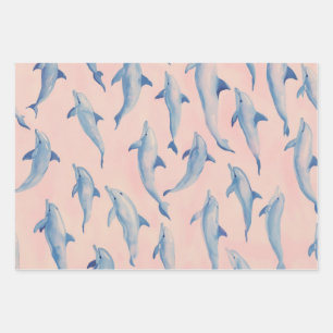 Wasserfarben-Delfin-Muster Küstenstrand Ozean Geschenkpapier Set