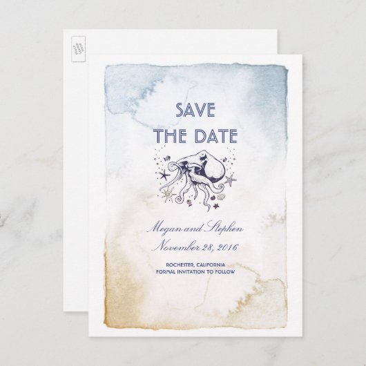 Wasserfarben der Navy - Oktopus Save the Date Ankündigungspostkarte (Vorne/Hinten)