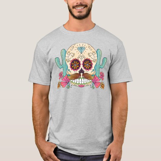 Wasserfarben Dia de los Muertos Skull & Cactus T-Shirt (Vorderseite)