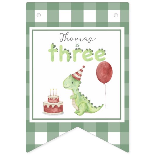 Wasserfarben-Dinosaurier-3-Drei-Rex-Geburtstag Wimpelkette (Erste Fahne)