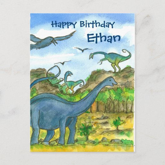 Wasserfarben Dinosaurier Happy Birthday Individuel Postkarte (Vorderseite)