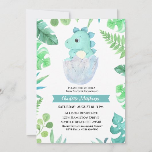 Wasserfarben-Dinosaurier mit Babydusche Einladung (Vorderseite)