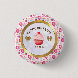 Wasserfarben Donut und Cupcake Happy Birthday Part Button