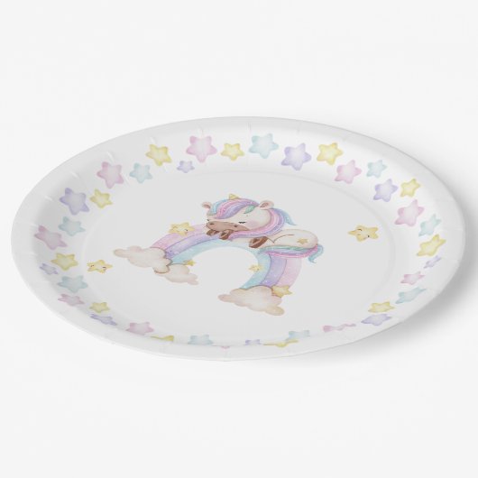 Wasserfarben-Einhorn-Babydusche Pappteller (Schrägansicht)