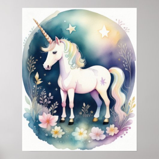 Wasserfarben-Einhorn in Weich-Pastellen III Poster (Vorne)
