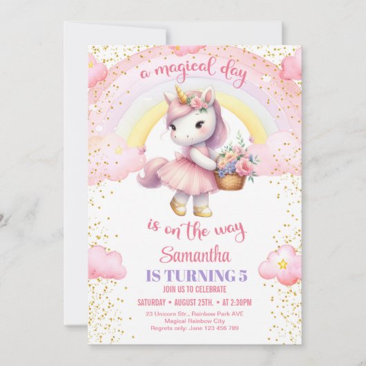 Wasserfarben Einhorn mit Tutu Kleid und Blume 5. Einladung (Vorderseite)