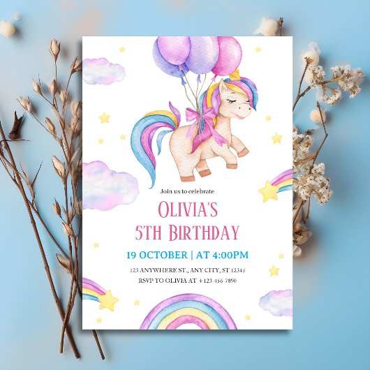 Wasserfarben-Einhorn & Regenbogen-Geburtstag Einladung